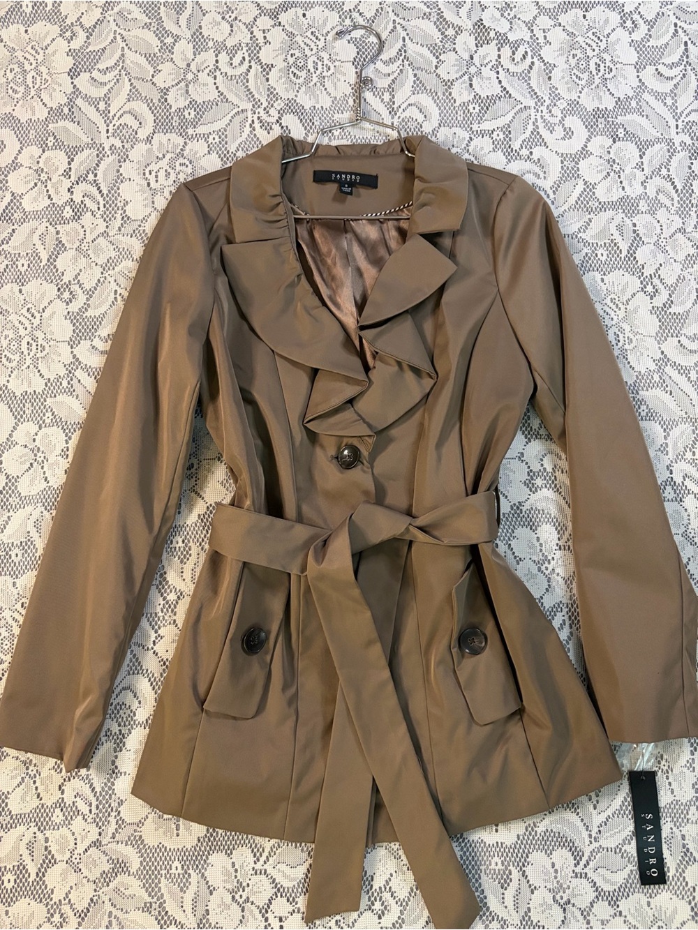 Sandro Studio Taupe Ruffled Belted Short Trench Coat